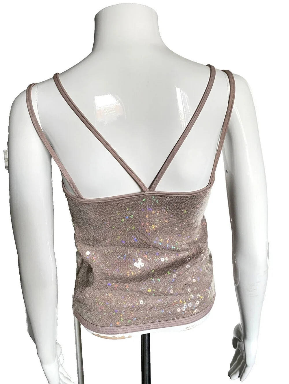 Vintage CHANEL 2005 FR-38 Sequin Tank Top Brown Beige CC Logo 05P Small